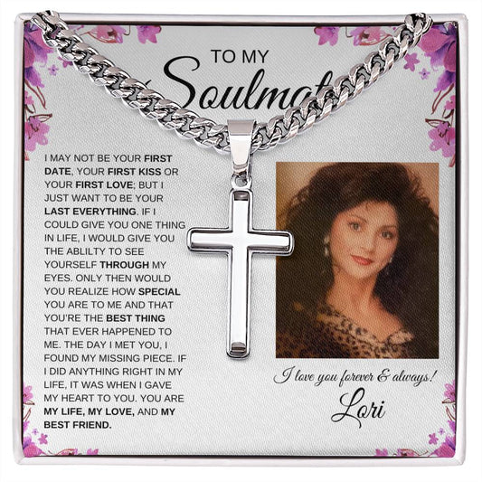 To My Soulmate / Cuban Chain with Artisan Cross Necklace / Personalized Message Card with name and photo / Purple Flower