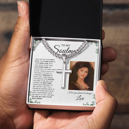 To My Soulmate / Cuban Chain with Artisan Cross Necklace / Personalized Message Card with Name and Photo / IVY