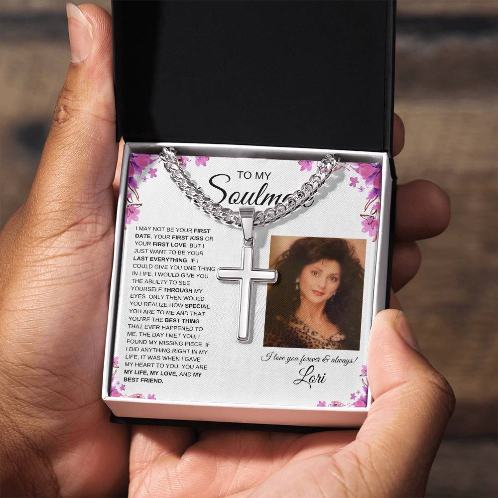 To My Soulmate / Cuban Chain with Artisan Cross Necklace / Personalized Message Card with name and photo / Purple Flower