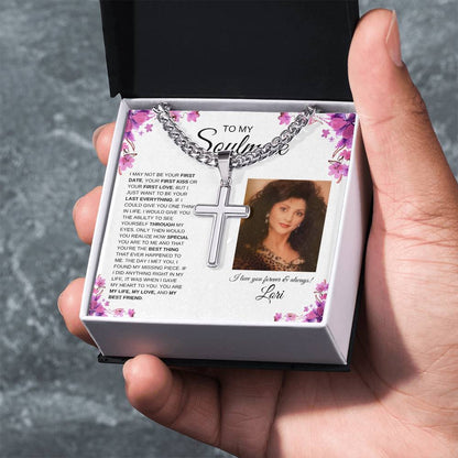 To My Soulmate / Cuban Chain with Artisan Cross Necklace / Personalized Message Card with name and photo / Purple Flower