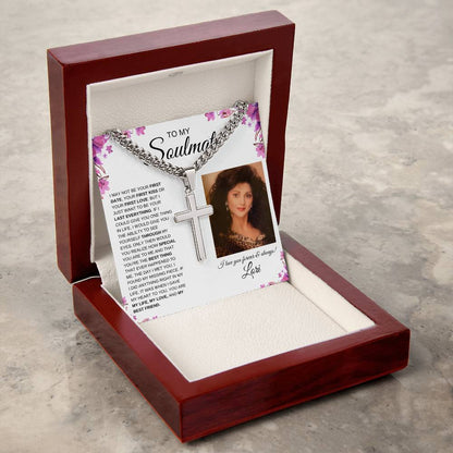 To My Soulmate / Cuban Chain with Artisan Cross Necklace / Personalized Message Card with name and photo / Purple Flower