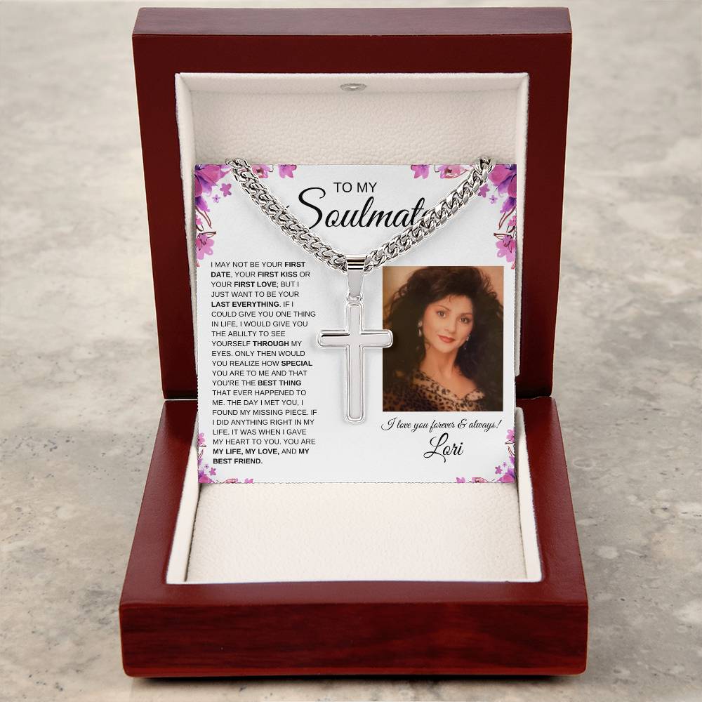 To My Soulmate / Cuban Chain with Artisan Cross Necklace / Personalized Message Card with name and photo / Purple Flower