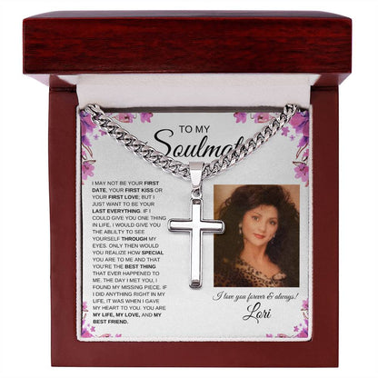 To My Soulmate / Cuban Chain with Artisan Cross Necklace / Personalized Message Card with name and photo / Purple Flower