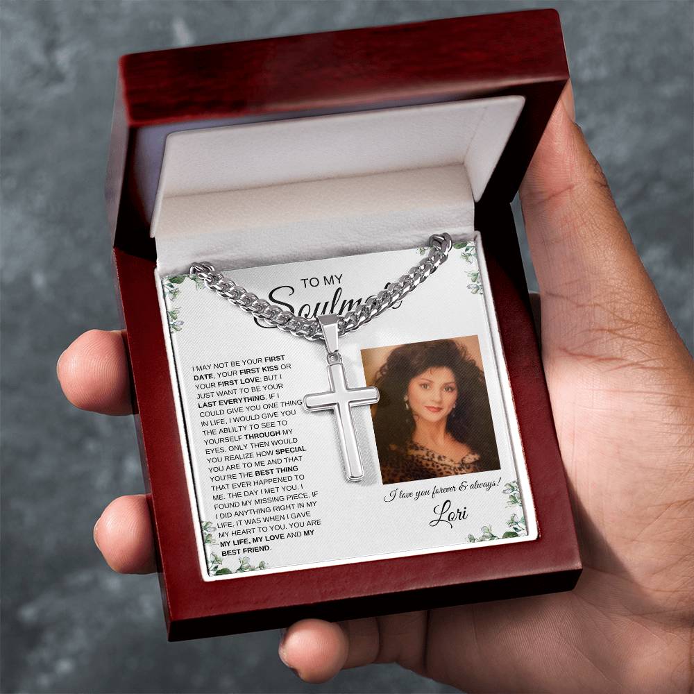 To My Soulmate / Cuban Chain with Artisan Cross Necklace / Personalized Message Card with Name and Photo / IVY