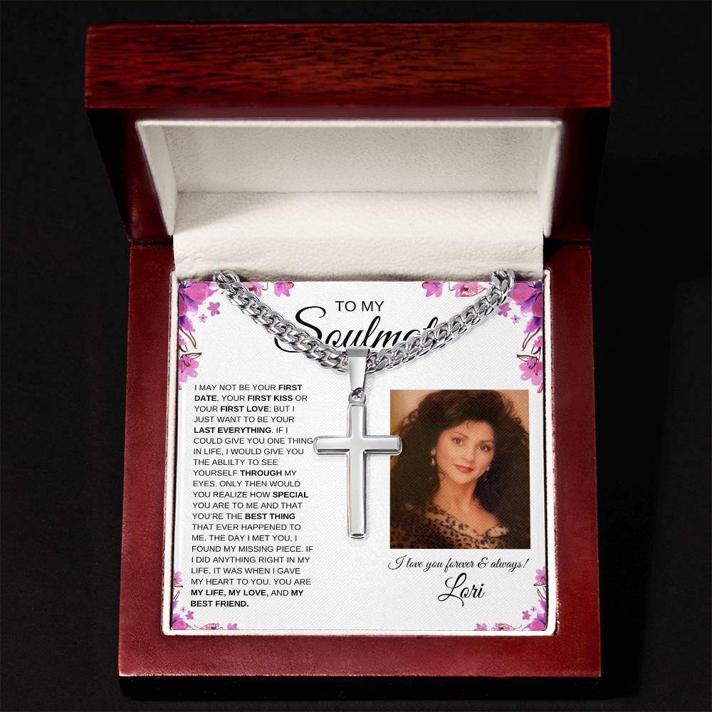 To My Soulmate / Cuban Chain with Artisan Cross Necklace / Personalized Message Card with name and photo / Purple Flower