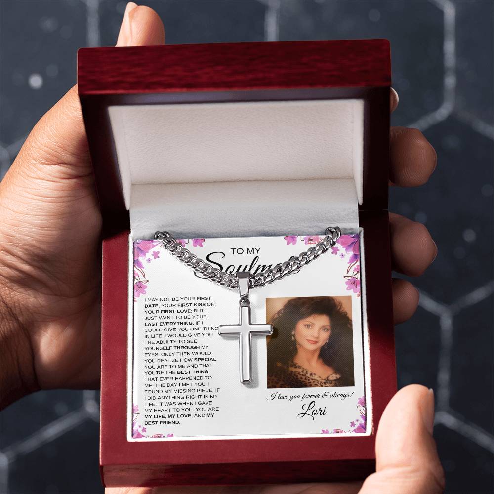 To My Soulmate / Cuban Chain with Artisan Cross Necklace / Personalized Message Card with name and photo / Purple Flower