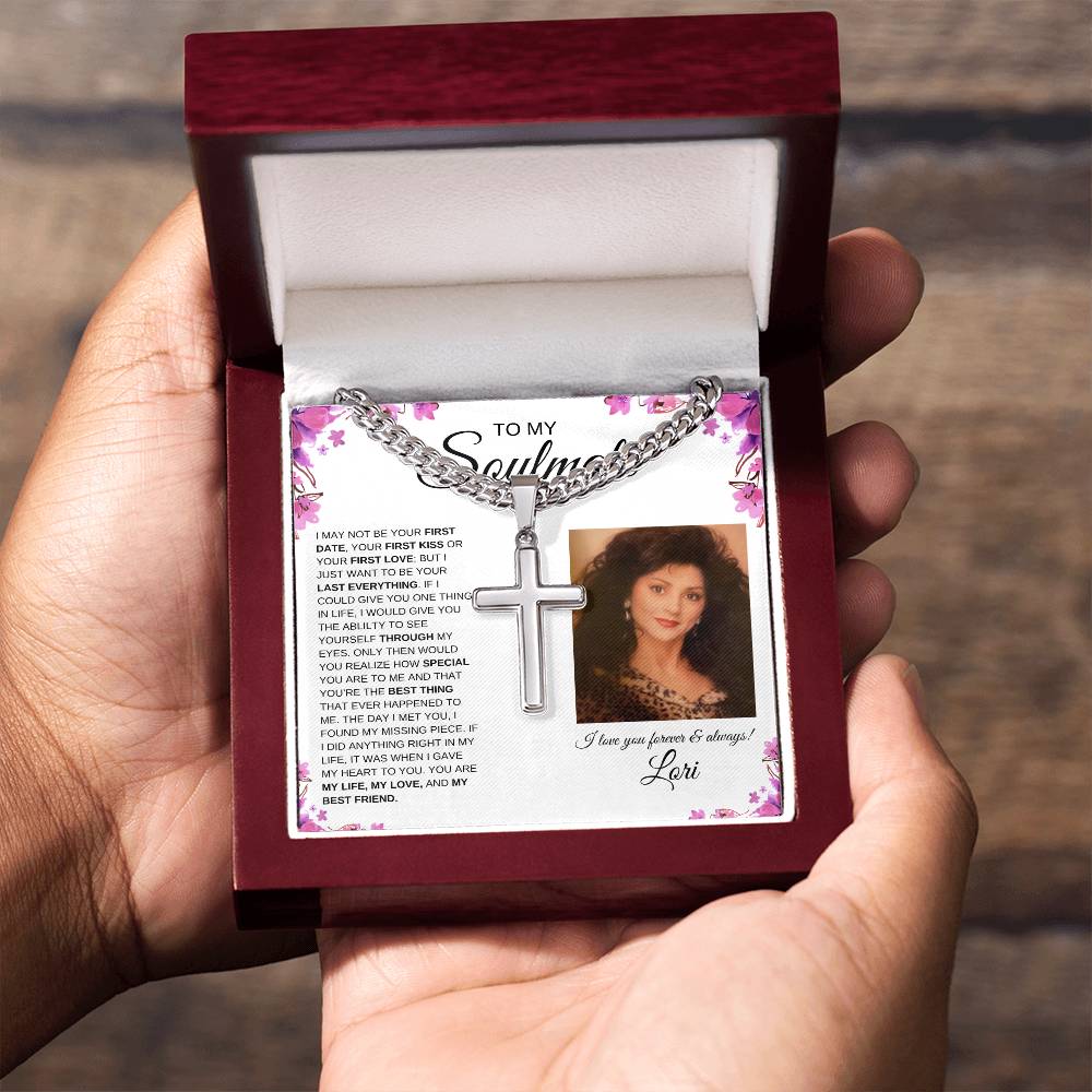 To My Soulmate / Cuban Chain with Artisan Cross Necklace / Personalized Message Card with name and photo / Purple Flower